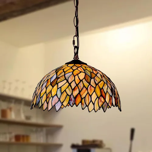 Vista 9 de Lámpara Colgante de Vidrio Emplomado Estilo Tiffany con Enchufe, 12" de Ancho Diseño de Glicinia Lámpara Colgante, Cadena de 60 Pulgadas Cable de 15