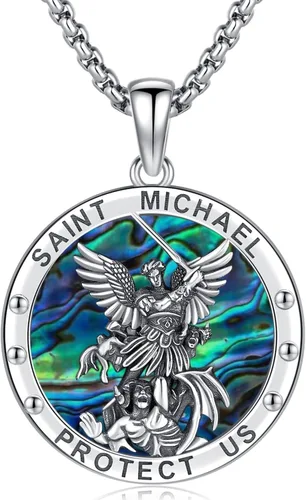 Vista 11 de Aniu 925 Sterling Silver Saint Medal Necklace Religious Amulet Jewelry Gift Concha de abulón - Redondo - Collar de San Cristóbal - H