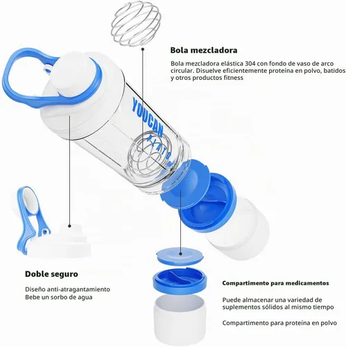 Vista 2 de Botella mezcladora de proteínas de 21 onzas con contenedor de almacenamiento de polvo, tazas agitadoras para batidos de proteínas, botella para Azul