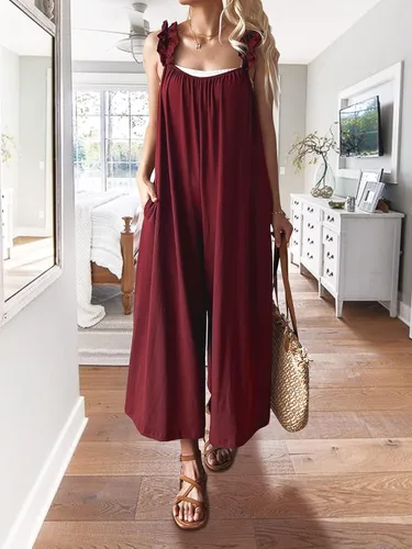 Vista 2 de MIEAZOM Enterizo sin mangas de pierna ancha para mujer, estilo casual, con volantes, tirantes delgados, elásticos, holgados, pantalones largos