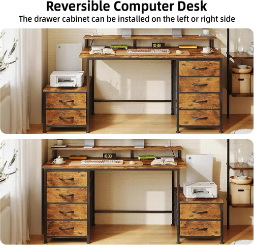 Vista 7 de Escritorio de oficina de 52 pulgadas con 6 cajones y espacio de impresora para almacenamiento, escritorio reversible para computadora con soporte