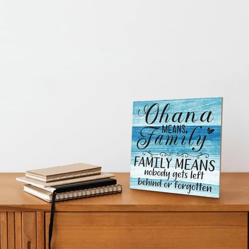 Vista 4 de Placa de Madera Familiar, "La Familia Significa Que Nadie Se Queda Atrás o Se Olvida", 15.7x15.7 cm Cartel de Arte de Mesa, Decoración de Cita