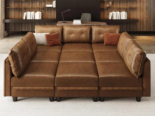 Vista 10 de LLappuil Sofá cama modular modular con almacenamiento, sofás de piel sintética de 6 plazas para sala de estar, color marrón