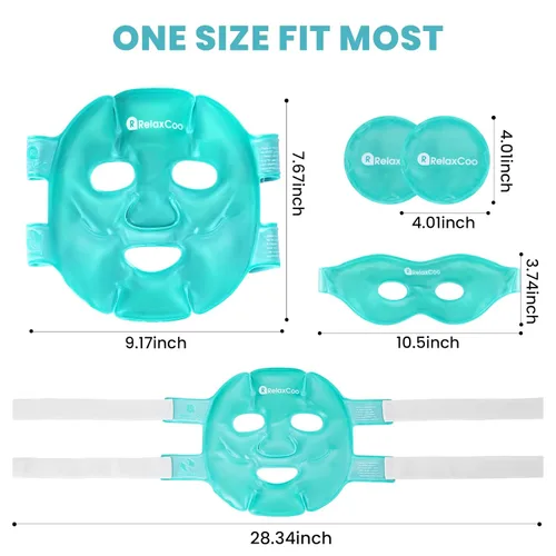 Vista 6 de RelaxCoo Máscara de hielo para cara y ojos para ojeras e hinchazón, compresa fría y caliente, paquete de mascarilla facial de gel frío refrescante