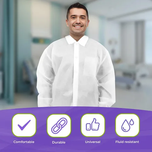 Vista 5 de Disposable Lab Coats SPP 50 GSM with Snaps, Elastic Wrists, Folded Collar, and Pocket