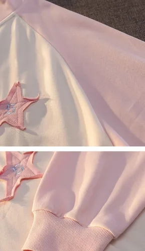 Vista 4 de Suéter con parche de estrella rosa Harajuku para mujer, Y2K, sudadera con capucha y cremallera suelta para niñas