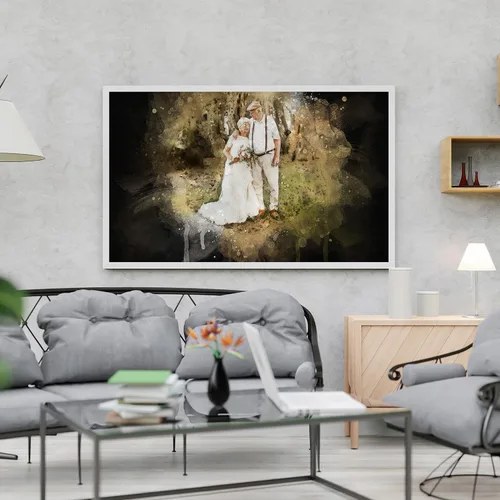 Vista 2 de Retrato personalizado de pareja de fotos en acuarela con fondo oscuro sobre lienzo, despedida de soltera y regalo memorable para marido o novio