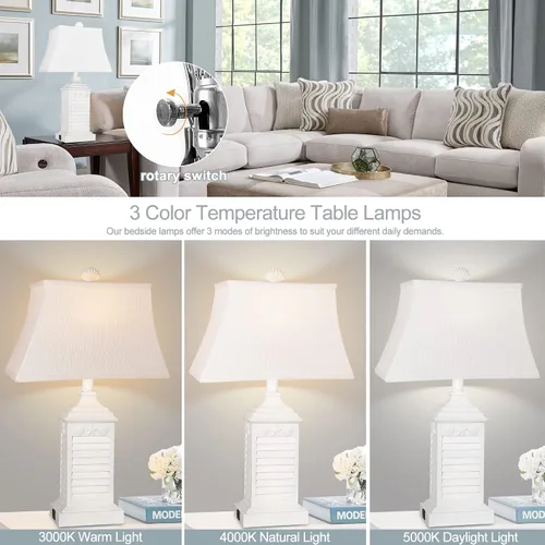 Vista 3 de Hamucd Juego de 2 lámparas de mesa para sala de estar, lámparas de mesita de noche blancas costeras para dormitorio con USB A+C modernas, salida