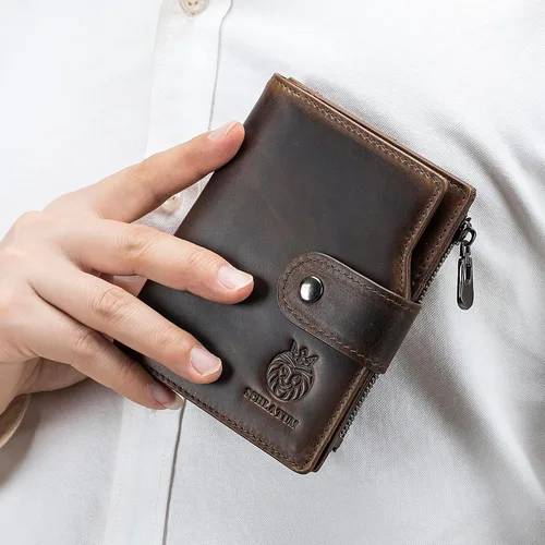 Vista 28 de LUKZIJAES Billetera de cuero genuino para hombre, con bloqueo RFID, delgada, plegable, bolsillo frontal, #3-Café, Vintage