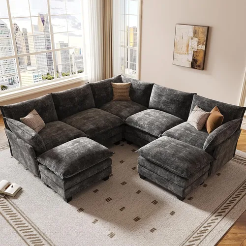 Vista 19 de KKL Sofá Cama Seccional Modular Grande de 91.3", Sofá Cama Convertible en Forma de J/L de 6 Plazas Sofá Nube con Otomana, Sofás Seccionales