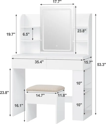 Vista 7 de JUMMICO Tocador de maquillaje con espejo y luces, escritorio de tocador con 3 modos de color y brillo de luz ajustable, mesa de maquillaje con cajón