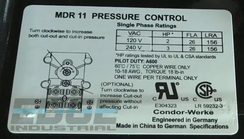 Vista 4 de INTERRUPTOR DE PRESIÓN DE CÓNDOR USA DE RESISTENTE, 26AMP, 11GA2E, 100/125 PSI, 1/4 "FNPT, DPST, ÚNICO PUERTO