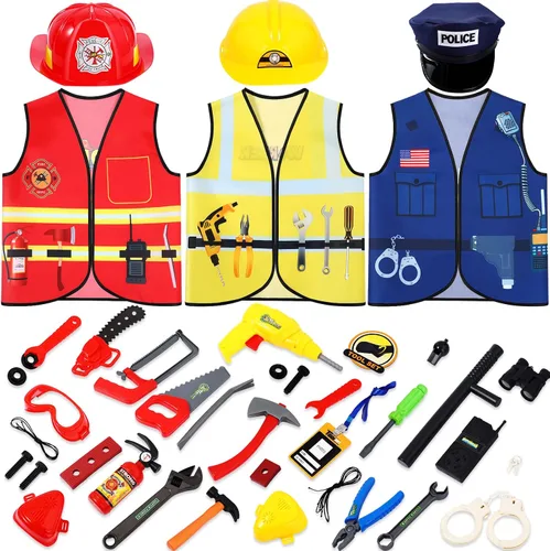 Vista 2 de 3 juegos de ropa de vestir para niños, disfraces de juego de rol a granel para niños de 3 a 7 años, chaleco de bombero, policía y trabajadores
