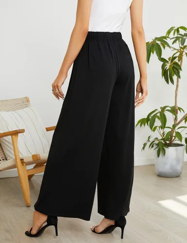 Vista 4 de KOJOOIN Pantalones de pierna ancha para mujer, talla grande, pantalones palazzo con vuelo, cintura alta, elásticos, pantalones largos con cordón