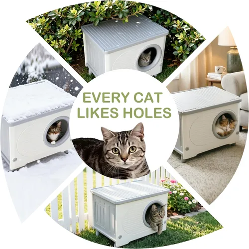 Vista 6 de Casa para gatos al aire libre resistente a la intemperie con puerta de escape, refugio aislado de plástico resistente para gatos, casa elevada