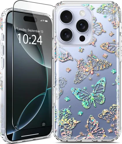 Vista 23 de Funda para iPhone 16, con protector de pantalla, linda para mujeres y niñas, funda protectora de grado militar de 10 pies para iPhone 16, funda