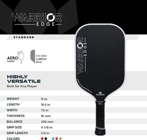 Vista 6 de Diadem Warrior Edge - Paletas de pickleball Cara de carbono grabado para máximo giro, protector aerodinámico de 16mm, agarre Comfort Max, núcleo