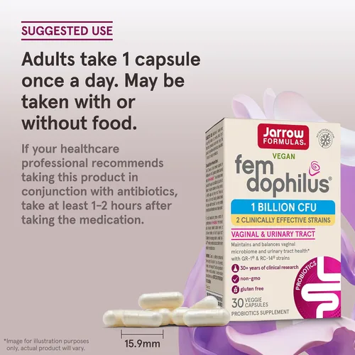 Vista 7 de Jarrow Formulas Fem-dophilus, Mil Millones de Organismos por cápsula, apoya la salud vaginal y del tracto urinario, 30 cápsulas, FEMS, individual