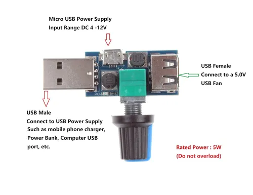 Vista 2 de NOYITO Regulador de controlador de velocidad continua con ventilador USB de 5 V con módulo de velocidad de interruptor DC 4-12V a 2.5-8V 5W