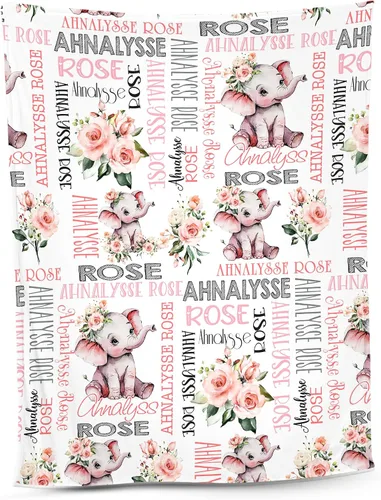 Vista 8 de NAZENTI Manta de bebé de elefante personalizada, manta de bebé niña personalizada con nombre y floral, regalo para niñas y niños, recién nacidos