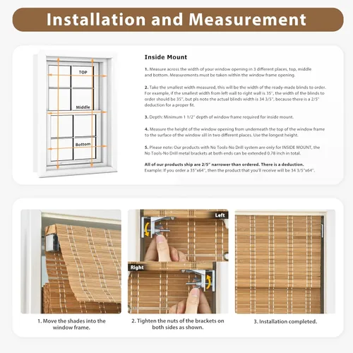Vista 6 de LazBlinds Persianas Romanas de Bambú Sin Cordón Sin Herramientas Sin Taladro, Tratamiento de Ventana con Filtrado de Luz, Persianas de Bambú
