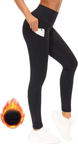 Vista 2 de THE GYM PEOPLE Pantalones de yoga gruesos de cintura alta con bolsillos, forro polar, control de abdomen, leggings de entrenamiento para mujer