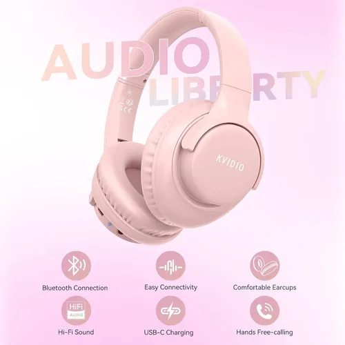 Vista 3 de KVIDIO Auriculares Bluetooth, auriculares inalámbricos con micrófono, tiempo de funcionamiento de 65 horas, auriculares sobre la oreja