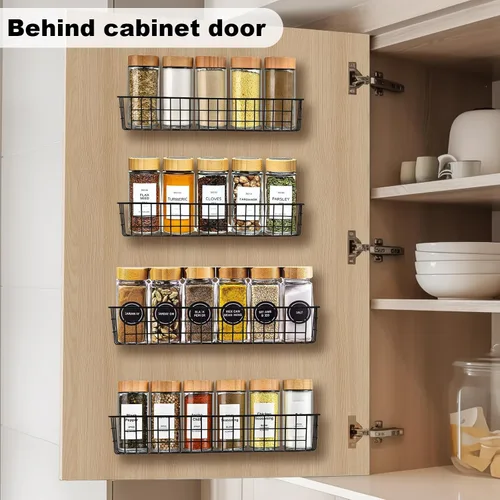 Vista 6 de Organizador de especias para montaje en pared, paquete de 2 cestas de almacenamiento de alambre negro para pared o puerta de gabinete en cocina
