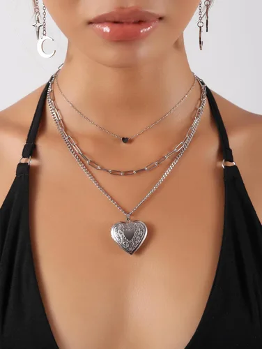 Vista 2 de Sacina Layered Locket Heart Choker, Gothic Emo Grunge Necklace Plateado