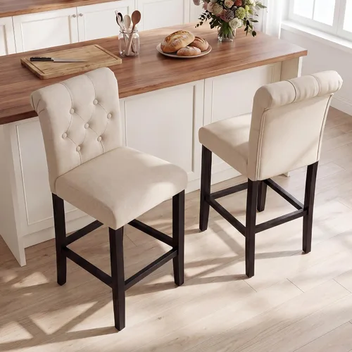 Vista 6 de LSSBOUGHT - Taburetes de barra, 24 pulgadas de altura tapizados con botones y patas de madera sólida, juego de 2 (Beige)