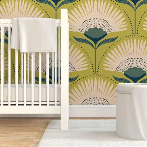 Vista 6 de Muestras de papel tapiz para despegar y pegar, diseño Art Deco de flores verdes, geométrico, divertido, jumbo, papel tapiz extraíble personalizado