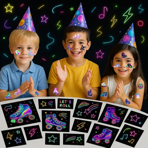 Vista 7 de 96 tatuajes temporales de patines de neón – tema de los años 80 y 90 para decoración de fiesta de cumpleaños, suministros de regalos para niños