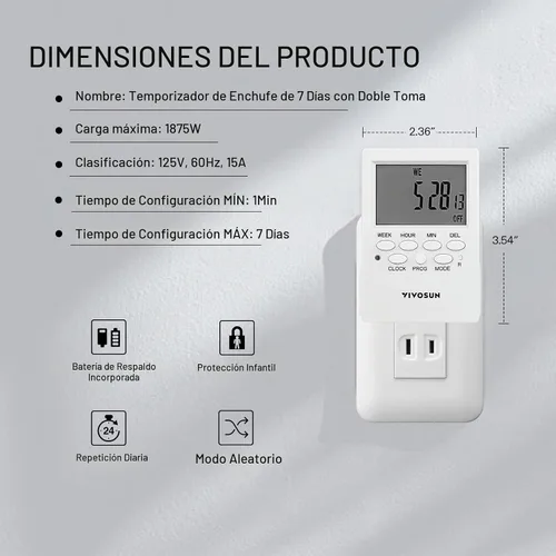 Vista 2 de VIVOSUN Toma de temporizador digital, temporizador digital programable de 7 días con 2 salidas independientes, 3 puntas, 20 grupos de programas