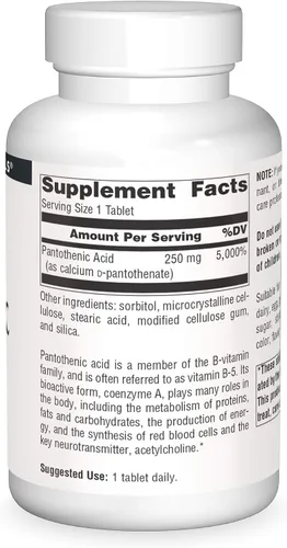 Vista 3 de Source Naturals Ácido pantoténico 250 mg Vitamina B-5 Suplemento dietético - 250 Tabletas