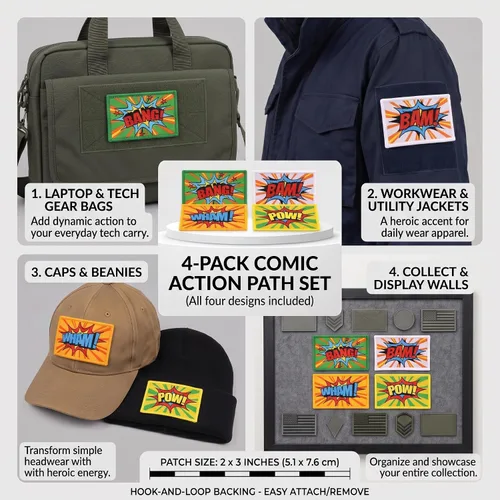 Vista 4 de Juego de 4 parches de aplicación con efectos de sonido de palabras de cómic, divertidos memes morales, con gancho y bucle/respaldo, accesorio
