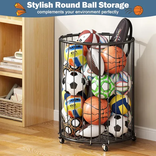 Vista 4 de Hencawima Garage Ball Storage: Round Sports Equipment Organizer with Wheels, Sports Ball Rack With Elastic Rope, Ball Holder for Basketball, Soccer