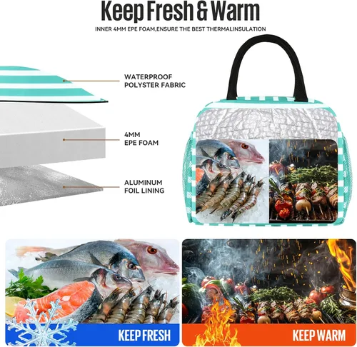 Vista 6 de douyadady Bolsa de almuerzo para mujeres/hombres, fiambrera mujeres/hombres (azul bebé+rayas blancas) Espacioso, ligero, impermeable, resistente