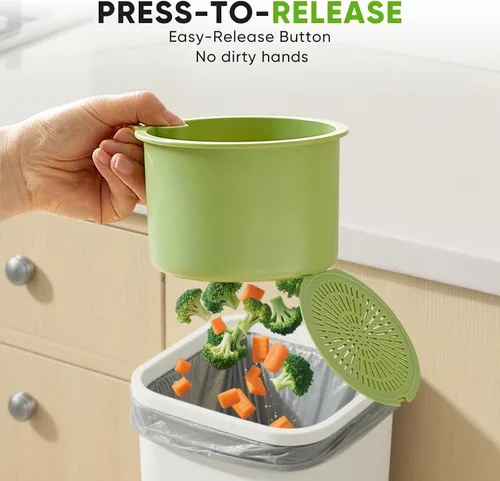 Vista 5 de Colador colgante de residuos de alimentos para fregadero, cesta coladora de fregadero con descarga de prensa, diseño autolimpiante, colador de Verde