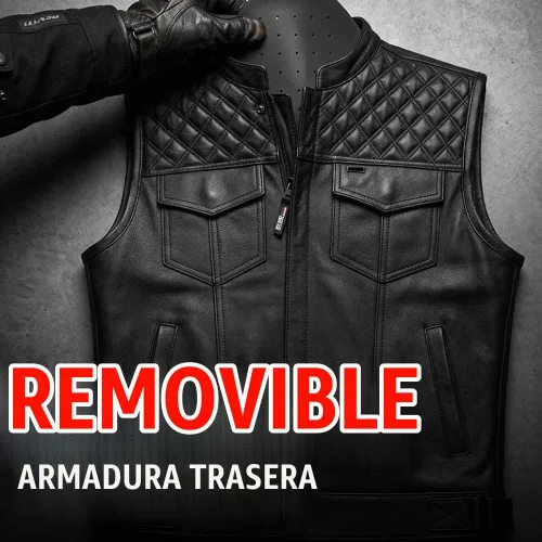 Vista 8 de SOA Men's Motorcycle Vest, Genuine Buffalo Leather, Back Armor Negro