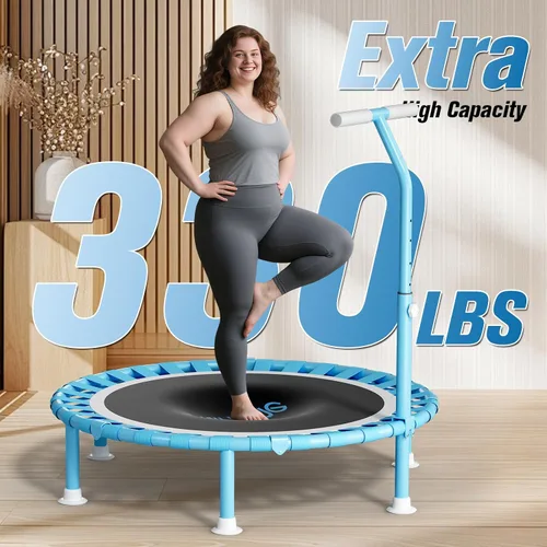 Vista 2 de 40" Fitness Mini Trampoline with Adjustable Handle Bar, 330lbs Foldable Bungee Rebounder for Adults, Stable & Quiet Exercise Rebounder Indoor Workout