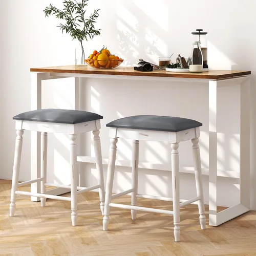 Vista 2 de Giantex Juego de 2 taburetes de bar de 24 pulgadas de altura de mostrador con asiento acolchado, patas de madera de goma, reposapiés y superficie
