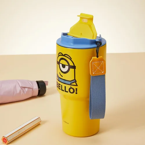 Vista 3 de MINISO Minions - Vaso de viaje de acero inoxidable de 17 onzas con correa, botella de agua aislada al vacío con tapa y soporte para taza de café