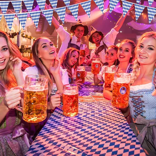 Vista 7 de Bandera bávara del Oktoberfest de 131 pies, paquete de 4 banderines bávaros para decoraciones de fiestas temáticas de Oktoberfest alemán