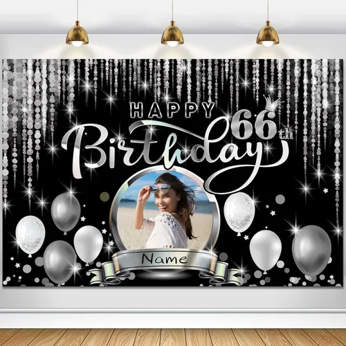 Vista 38 de Cartel de decoración de feliz cumpleaños número 100 personalizado - Personalización disponible - Negro y plateado - Tamaño grande - Admite fotos