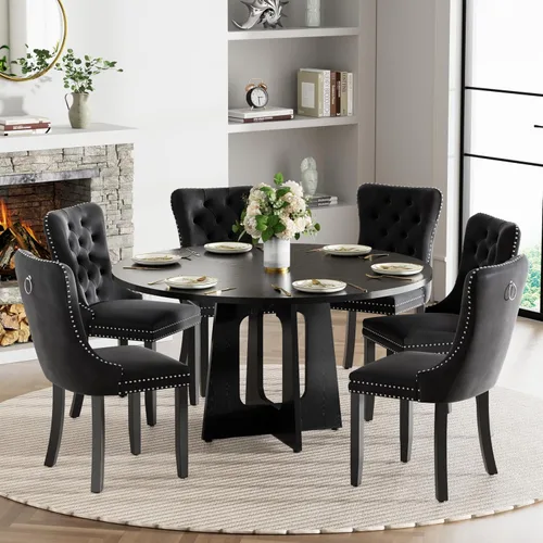 Vista 54 de Mesa de comedor redonda estilo granja para 6, mesa de cocina circular de 47" MDF con acabado de grano de madera, mesa de cocina y comedor de madera