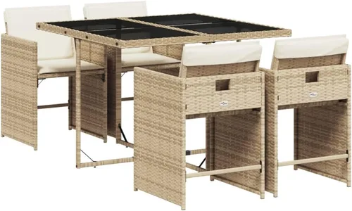 Vista 2 de Beige 5-Piece Outdoor Patio Dining Set with Foldable Chairs Cream Cushions Poly Rattan Furniture for Compact Storage Garden Backyard Balcony Use
