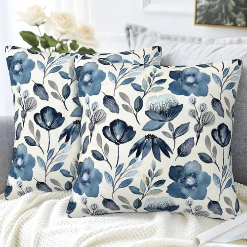 Vista 4 de Fundas de almohada Naqiuli azules florales de 16x16 pulgadas, juego de 2 fundas de almohada decorativas, fundas de cojín para dormitorio, sala