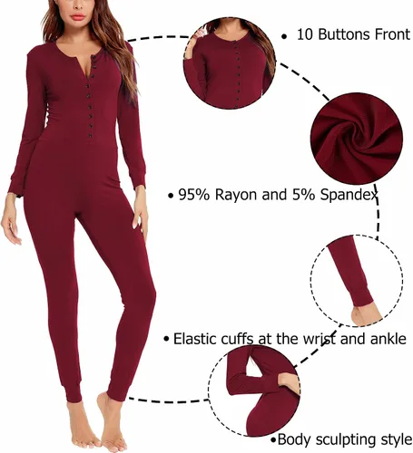Vista 3 de LecGee Enterizo de pijama para mujer, conjunto de ropa interior de una pieza para adultos, conjunto de ropa interior modal de manga larga, traje