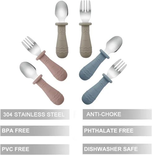 Vista 5 de PandaEar Cucharas de silicona para bebés y utensilios para niños pequeños (azul/marrón/rojo)