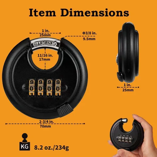 Vista 2 de WULALACK Cerradura de combinación resistente a la intemperie de 2.756 in, combinación de candado de disco con 4 dígitos, candado de almohadilla